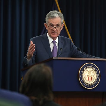 Federal Reserve Chairman Jerome Powell speaks to journalists during the Fed's July 31 post-meeting press conference.