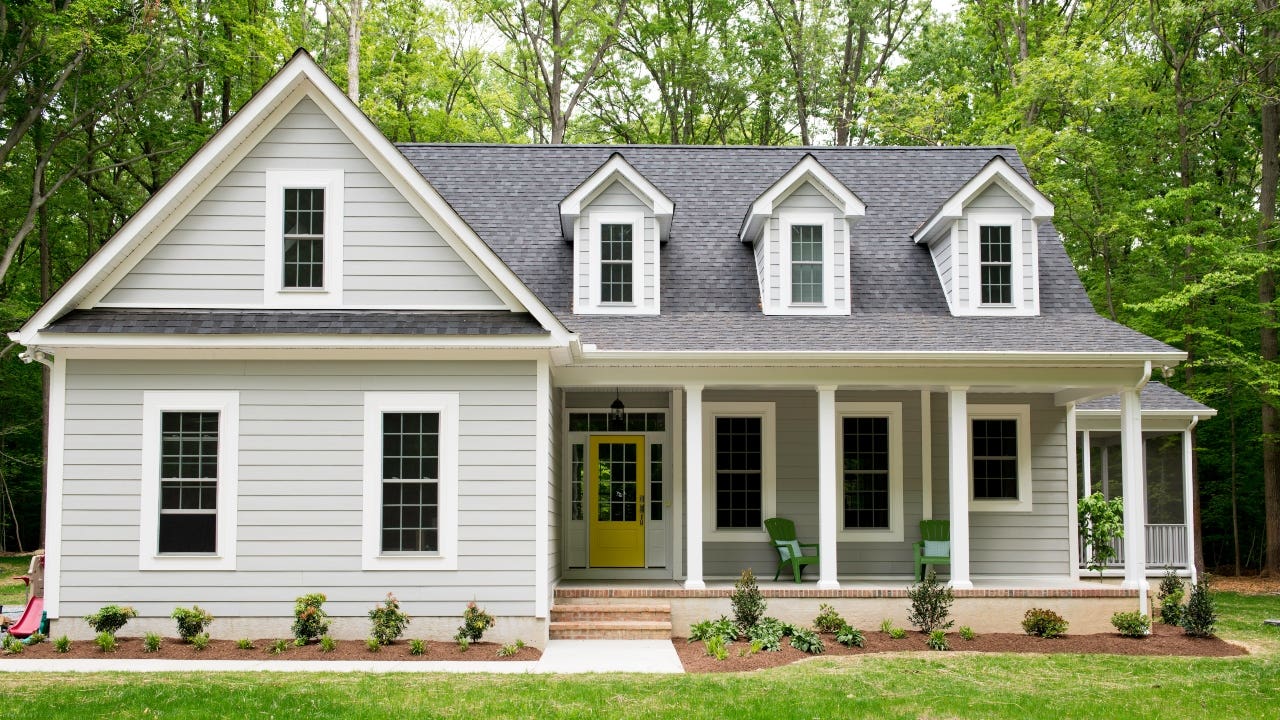 An exterior of a home with landscaped yard