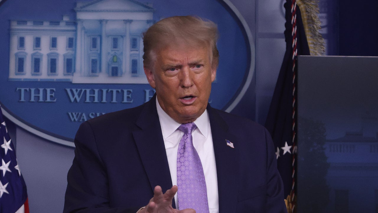 A picture of President Donald Trump in the White House briefing room