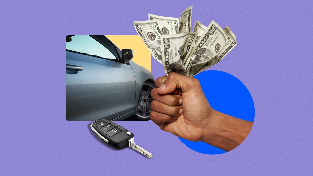 A fist holding cash, with a car in the background