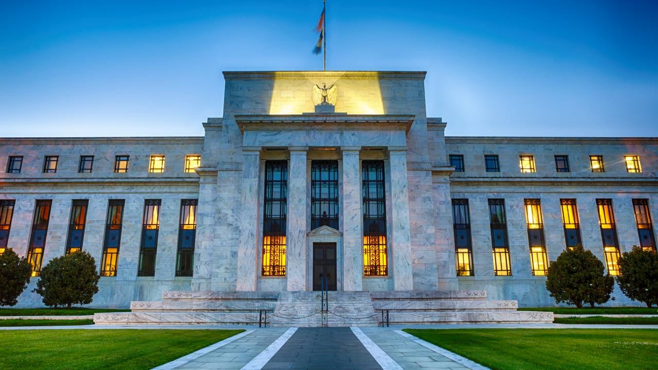 The Federal Reserve Building in downtown Washington DC, USA at night.