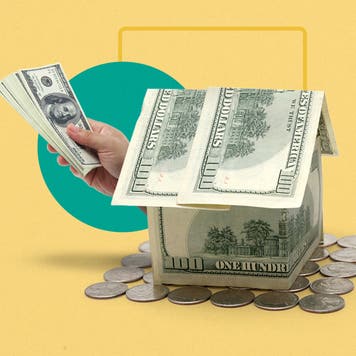 Illustrated design features money shaped as a house