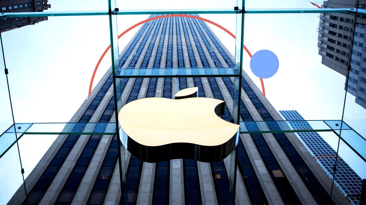 front of the apple building with illustrations of shapes