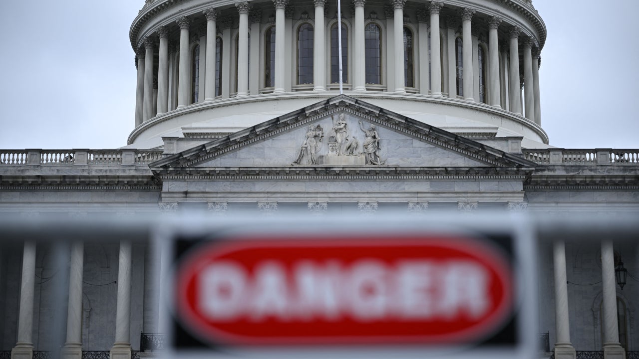 U.S. capital building with a blurry DANGER sign in front