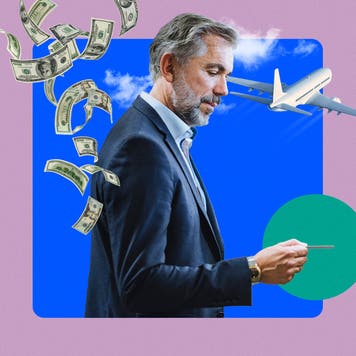 design element a violet background with a foreground of an older male in a suit holding a card in his hand with an airplane in the upper right corner and money descending behind him