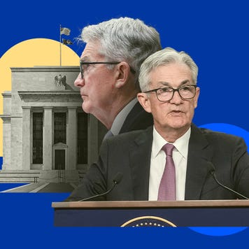 Illustration of Chair Jerome Powell in front of the podium at a post-meeting press conference
