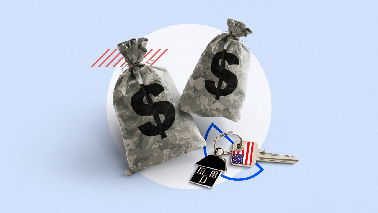 Illustrated collage featuring two bags of money and a set of keys