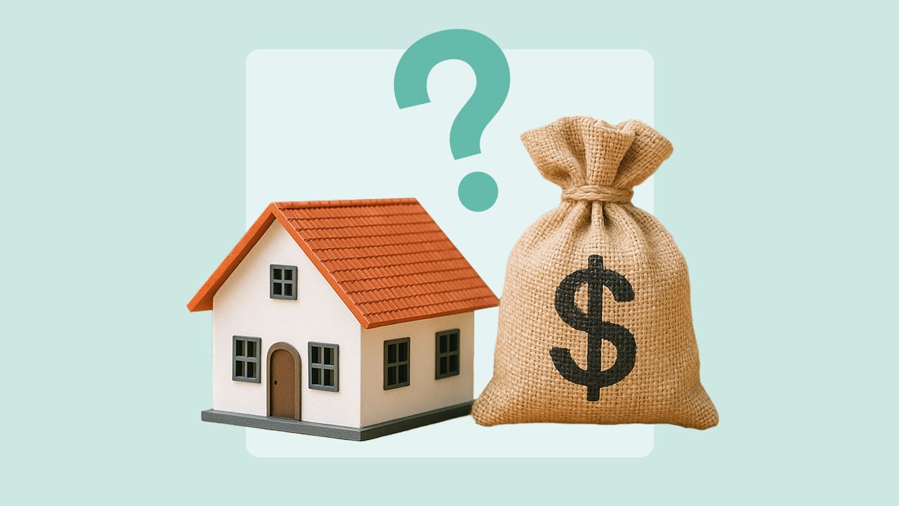 A home, a question mark and a bag of money.