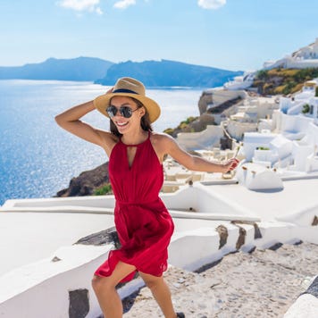 Travel Tourist Happy Woman Running Stairs