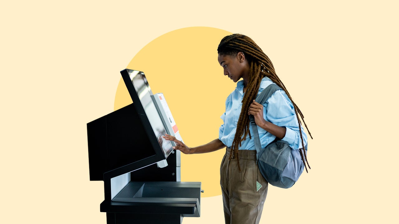 design element of a woman at a self kiosk