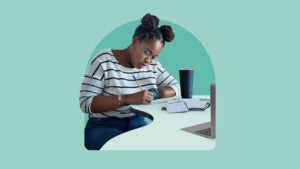 A Black woman studying at a table with an illustrated light green background