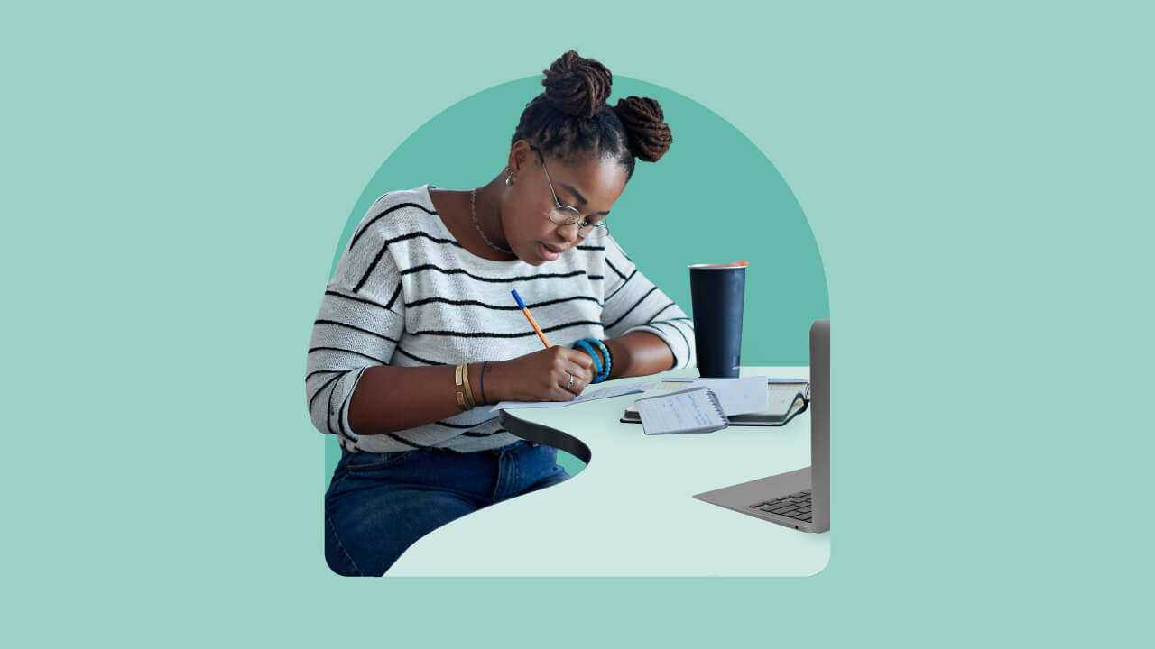 A Black woman studying at a table with an illustrated light green background
