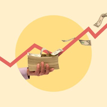 Illustration of a person holding money, while interest rates are moving in the background