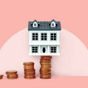 photo illustration - house balanced on stack of coins - pink background