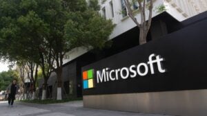 Microsoft sign outside of a company office.