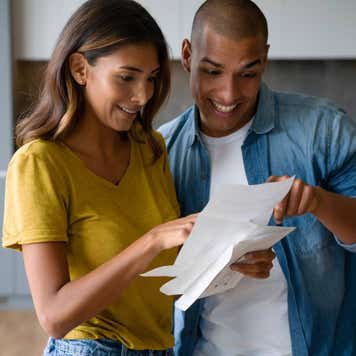Two happy people looking at sheets of paper