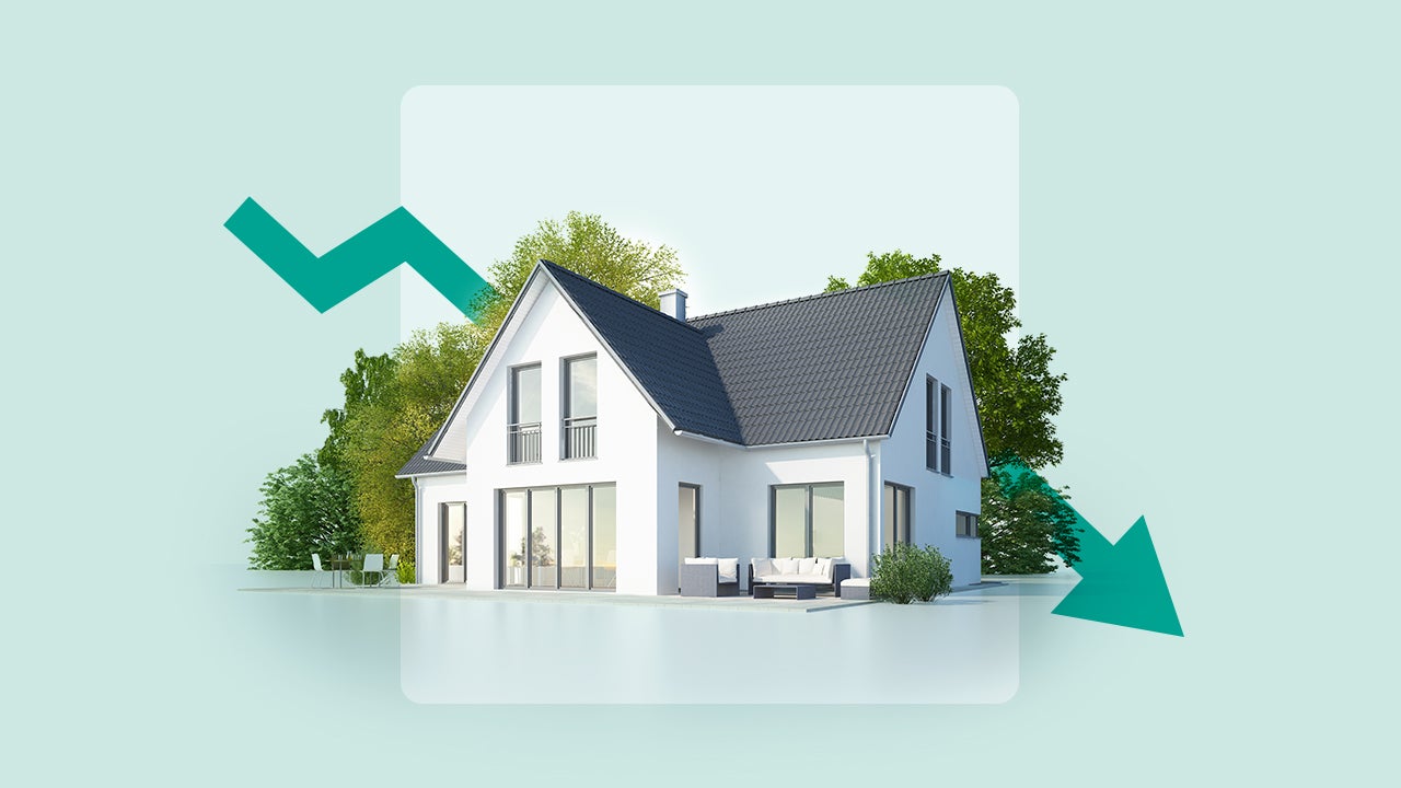 design image of a home and down trending arrow behind it