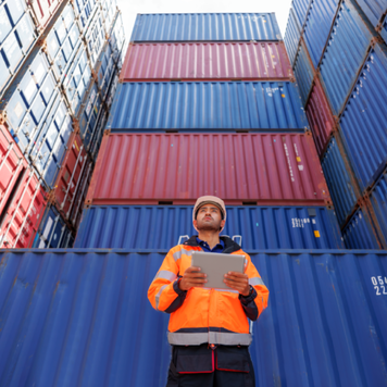 A dock worker examines imported goods in shipping containers.