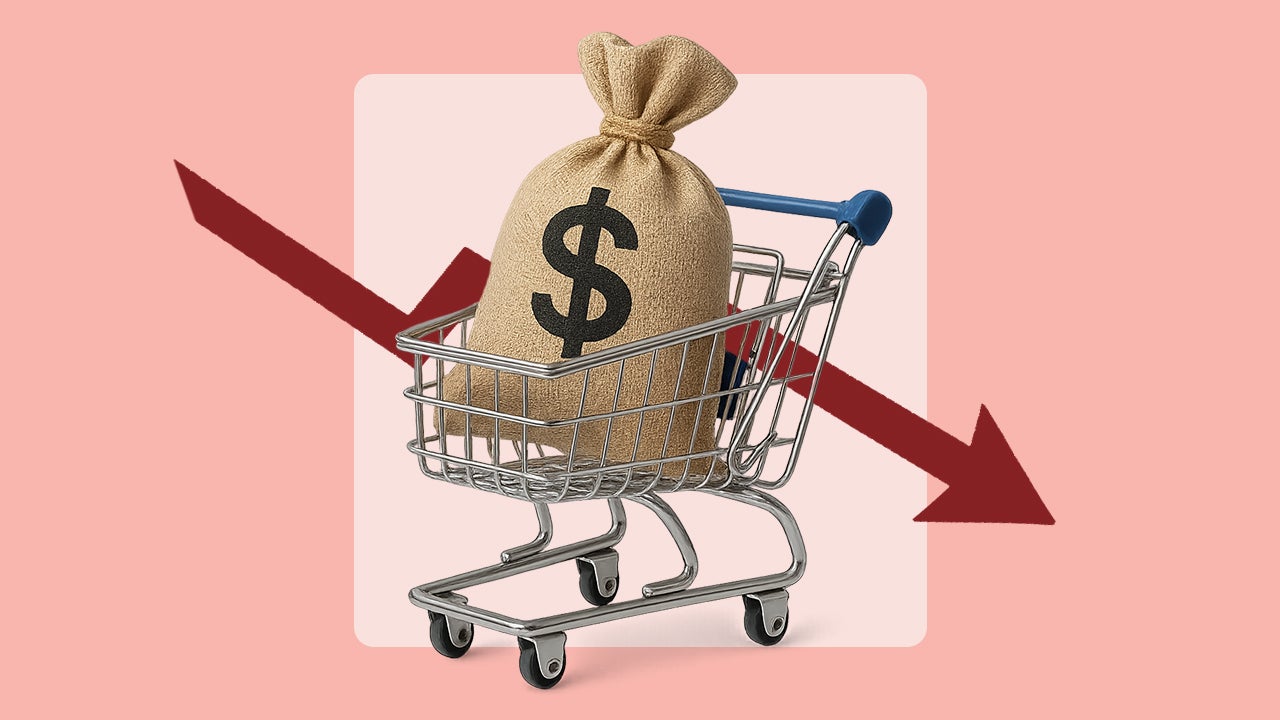Image of a large money bag in a shopping cart in front of a red downward pointing arrow.