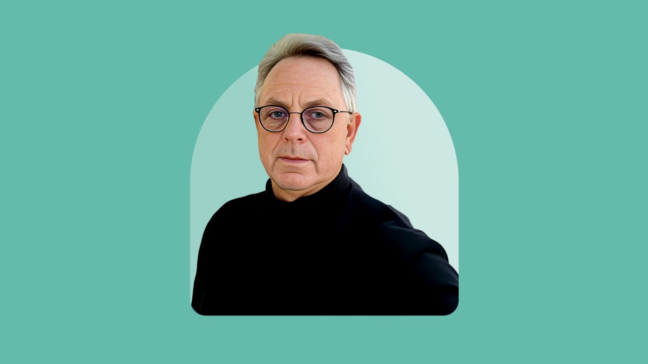 A portrait photo of Bruce Gehrke on an illustrated green illustrated background.