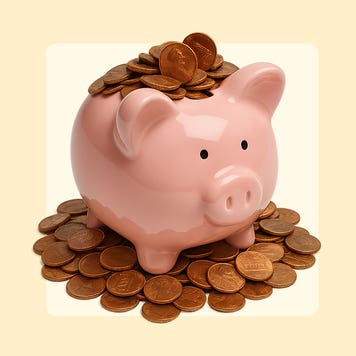 A fat pink piggy bank stuffed full of pennies sitting on top of a pile of pennies.