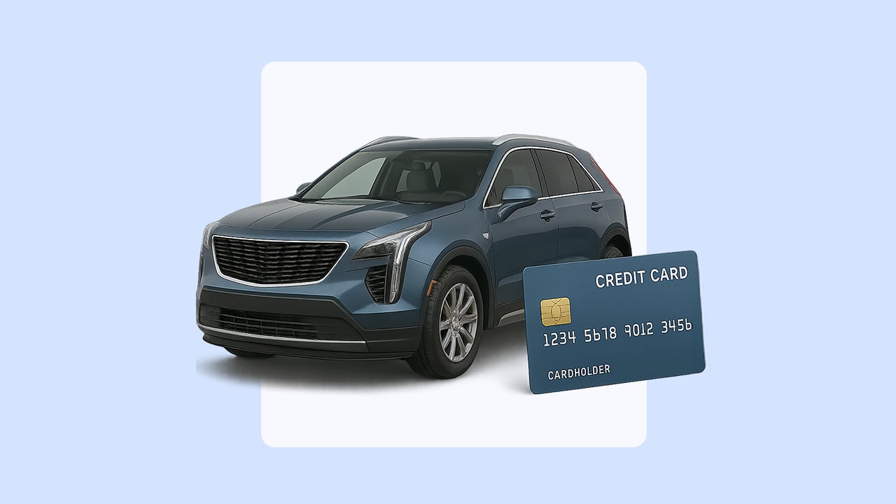 Design element including a car with a large credit card leaning next to it.