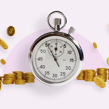Stopwatch with coins around it on an illustrated pink background.