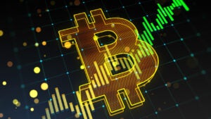 Creative growing green candlestick forex chart and bitcoin on blurry background.