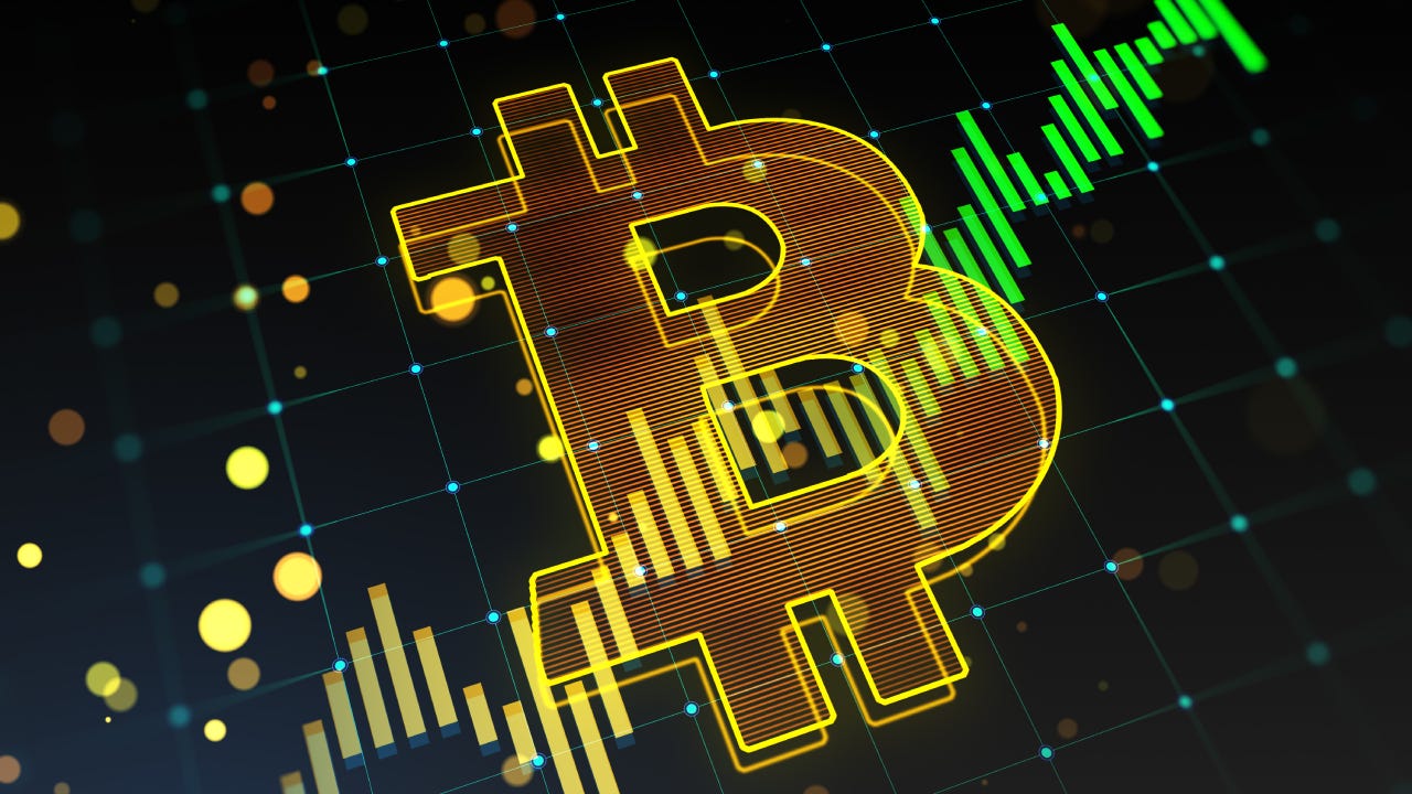 Creative growing green candlestick forex chart and bitcoin on blurry background.