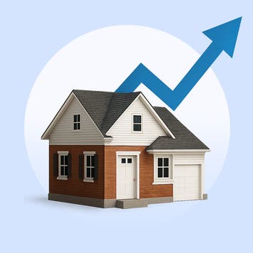 house over a white circle background with a trending up arrow