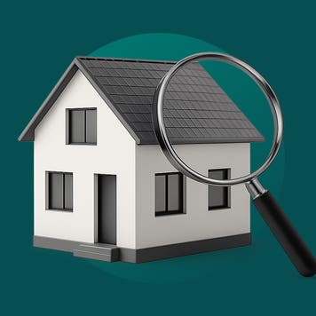 photo illustration of home with magnifying glass, teal background