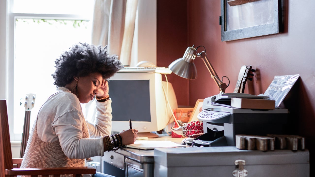 woman sitting at desk