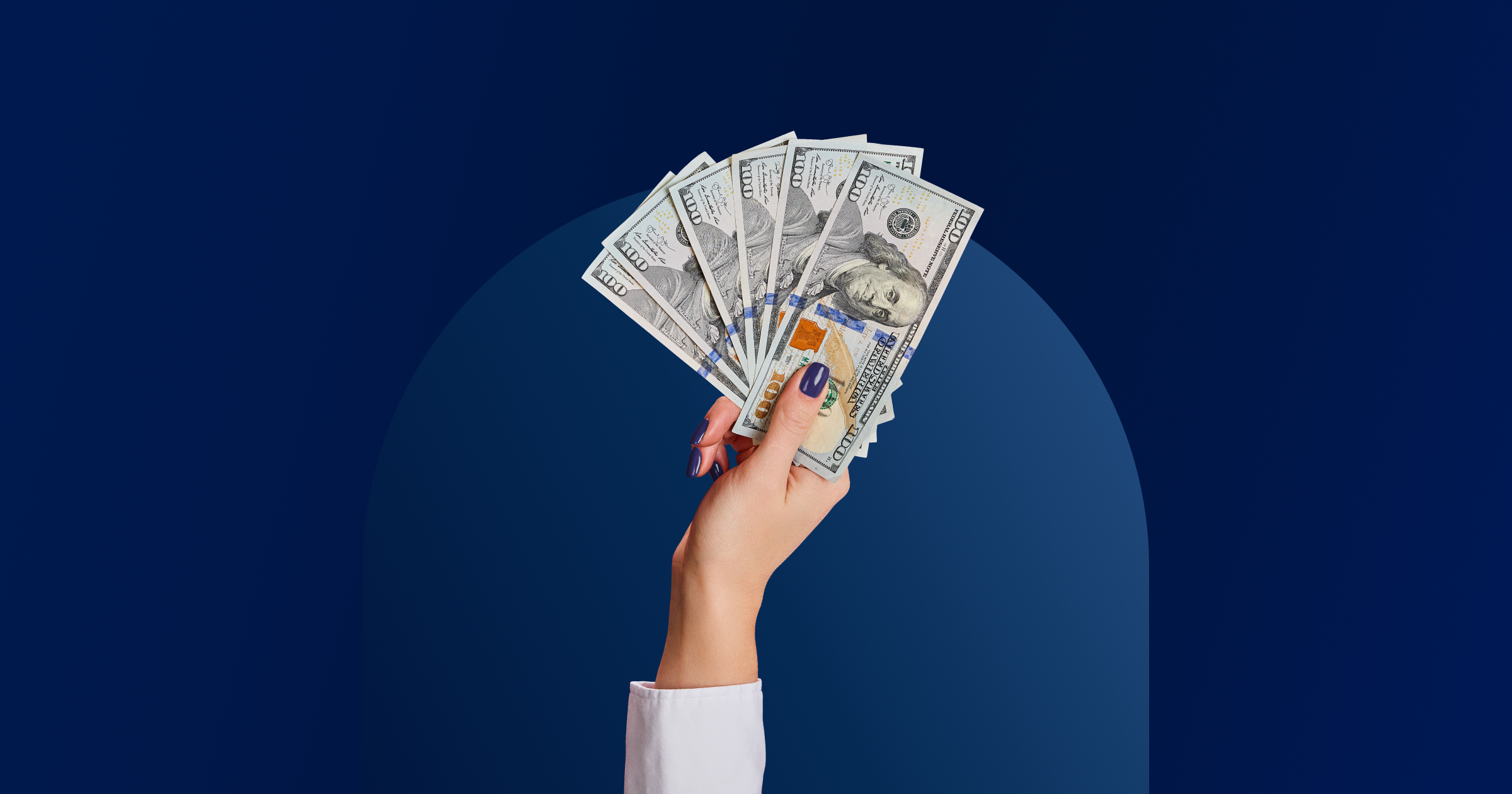 Bankrate awards 2024 personal loans banner featuring a raised hand holding fanned-out one-hundred dollar bills
