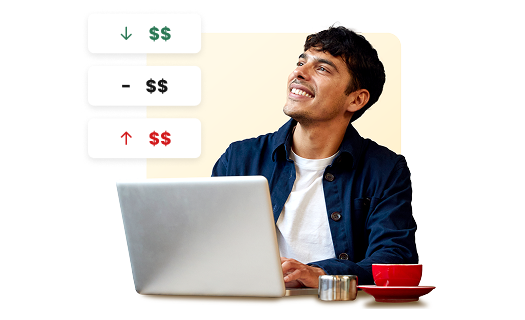 Man smiling, sitting with a laptop and red cup. Icons show financial symbols: down arrow with $$, neutral with $$, up arrow with $$.