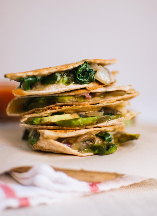 Crispy mushroom, spinach and avocado quesadillas