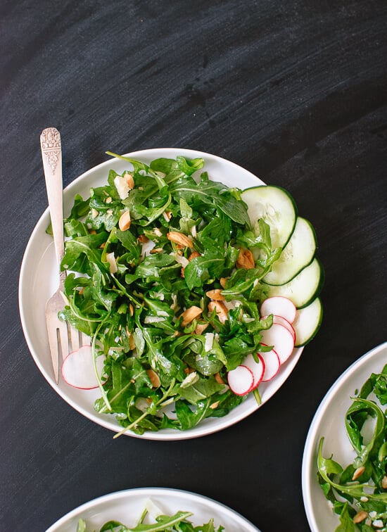 Arugula, radish, cucumber and almond salad