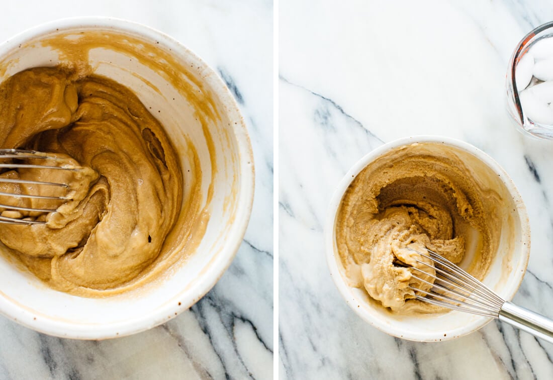whisking tahini sauce