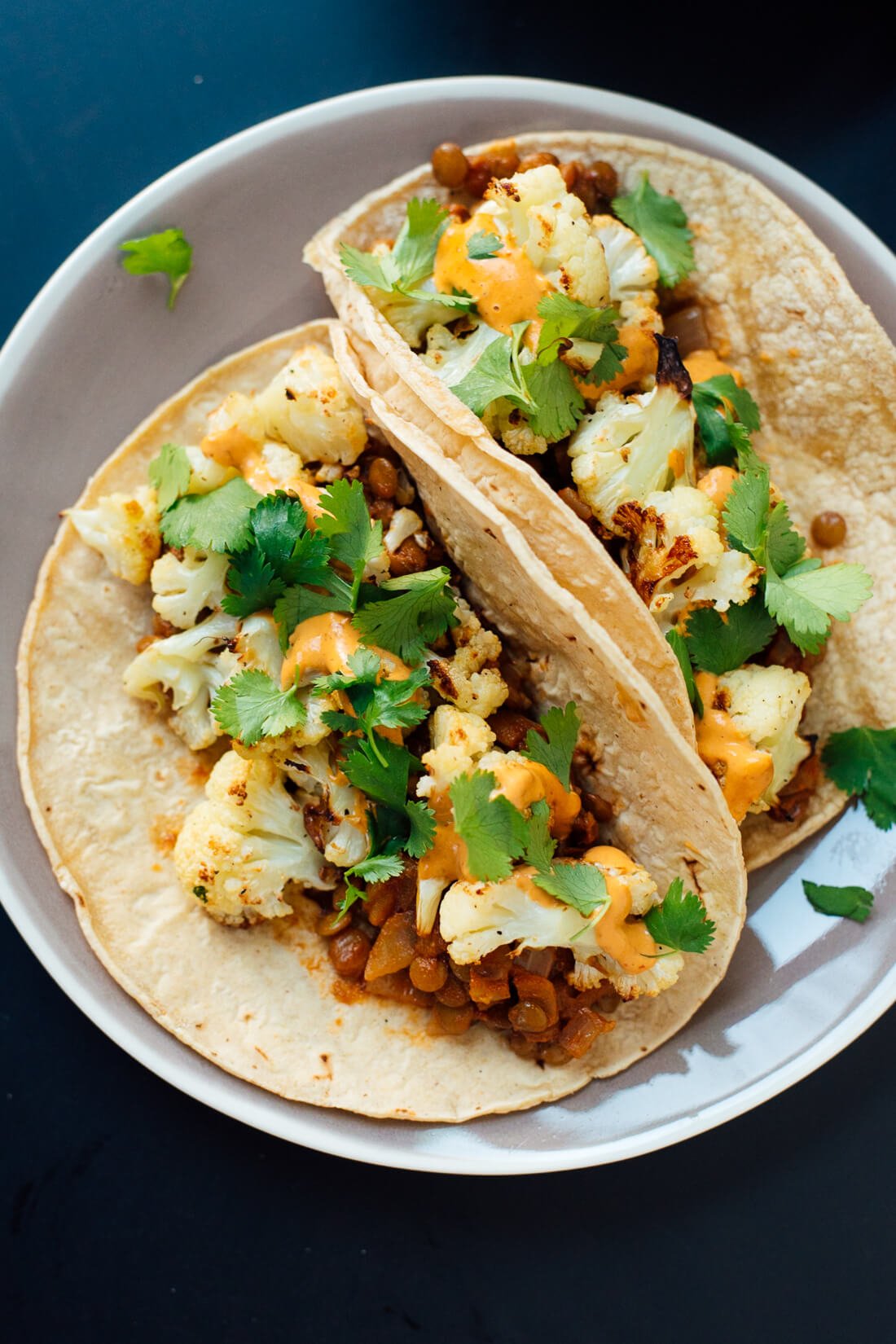 Roasted cauliflower and lentil tacos