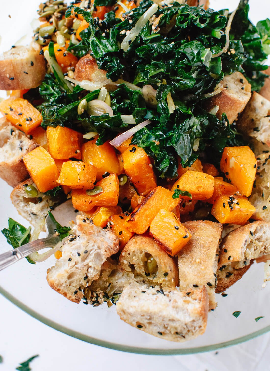 Butternut, kale and cranberry panzanella salad with balsamic vinaigrette