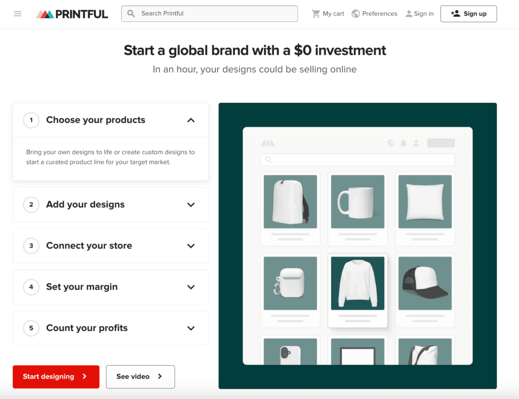 Printful's homepage.